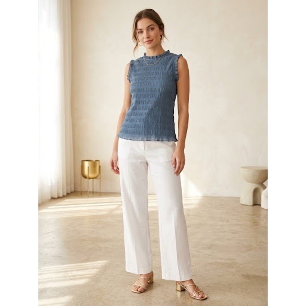 L Love Plisse Ruffle Top Womens Size S Blue Excellent Sleeveless Mock Neck